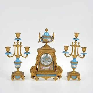 Sevres style bronze mounted 3-piece clock garniture