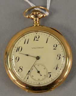 14 karat gold Waltham Riverside open face pocket watch, 45.5mm.