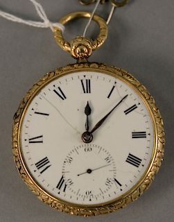 18 karat gold open face keywind pocket watch, monogrammed inside Richard Dickinson 1818, 53 mm.(no glass, fine cracks in dial).