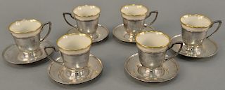 Set of six sterling silver cups and saucers with Lenox inserts. 13.3 t oz.