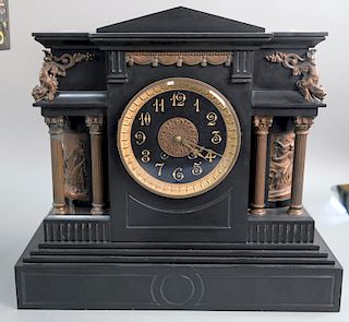 Black slate Victorian mantle clock with bronze mounts. ht. 18 in., wd. 19 1/2 in.