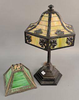 Panel shade table lamp on granite base along with an extra small shade. ht. 25 1/2 in. Provenance: From an estate in Lloyd Harbor, L...