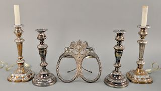 Five piece lot to include a pair of candlesticks made into lamps, a pair of Sheffield silver plated candlesticks ht. 11 in., and dou...