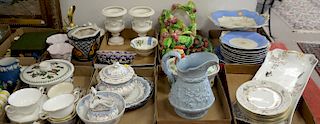 Eight boxes of porcelain and china to include English dessert set with compote, Majolica strawberry wall baskets, Wedgwood cups, fis...