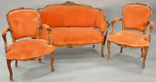Three piece lot to include Louis XV style loveseat (lg. 50 in.) and a pair of fauteuil. Provenance: From an estate in Lloyd Harbor, Long Island, New Y