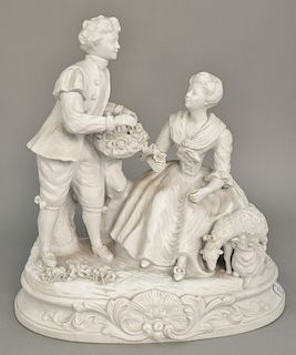 Parian figural group, romantic man with flowers courting a seated woman with sheep. ht. 14 in., lg. 13 1/2 in. Provenance: From an e...