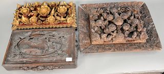 Three carved Chinese items including a gilt three dimensional flower plaque 21 1/2" x 10 1/2", carved dragon box 21" x 13", and a pl...