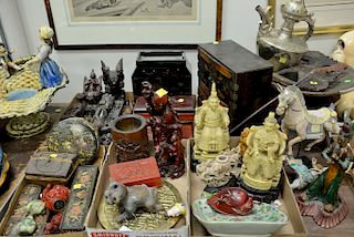 Four tray lots with Oriental items to include Chinese red lacquered box and five snuff bottles, carved wood figures, stool with copp...