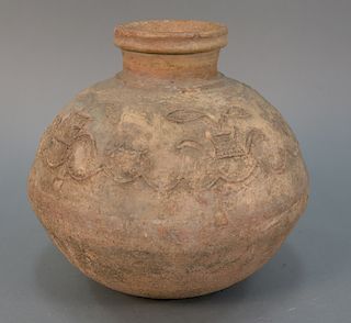 Earthenware pot with embossed designs. ht. 11 in., dia. 11 1/2 in.