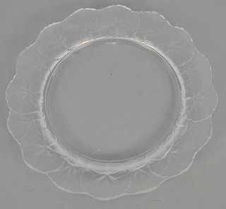 Group of eight Lalique plates including a set of six Lalique "Honfleur" plates with frosted leaf border marked Lalique France and a ...