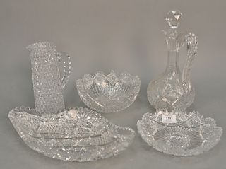 Group of five American Brilliant cut glass pieces including oblong center dish, decanter ht. 12 in., pitcher ht. 12 in., and two bowls.