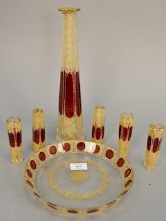 Moser liquor seven piece set including bottle ht. 13 1/2 in., five tall shot glasses ht. 4 1/4 in., and a tray, all ruby red with enameled yellow and 