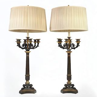 Pair large Restauration bronze candelabra lamps