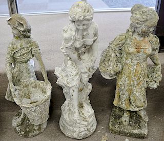 Three cement outdoor figures, ht. 27 in., 29 in., and 30 in.