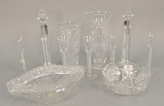 Eleven piece group of crystal and cut glass to include a pair of Vicke Lindstrand candlesticks, set of five air twists crystal candl...