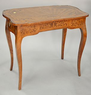 Inlaid Louis XV style table with pull out leather top writing surface and one drawer. ht. 27 in., top: 19" x 31 1/2" Provenance: Fro...
