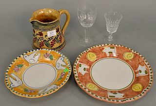 Group of decorated Italian Majolica pitchers, plates, bowls, and cut glass stems including Waterford, etc.