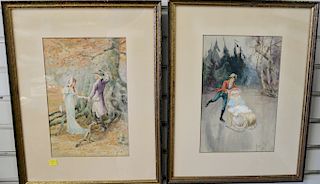 Set of four Ernest Linzell watercolor on paper, Victorian Romantic landscape with two figures. sight sizes 8 1/4" x 12 1/2" to 12 1/...