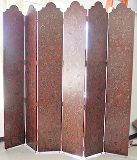 Large six fold dressing screen, red lacquered with gold scrolling flowers and birds.