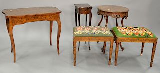 Four piece group to include pair of Adams style stools, inlaid round table, and a small inlaid one drawer stand. ht. 18 in. to 29 in...