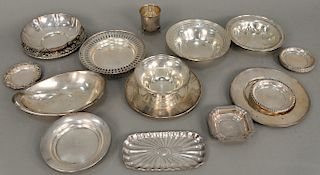 Sterling silver lot to include Kirk repousse small plate, several bowls, and dishes. 43.4 t oz.