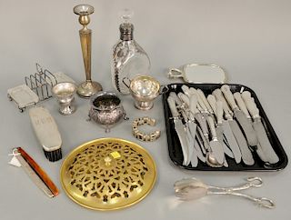 Silver lot with twenty-nine knife handles plus dresser set and silver overlay pinched bottle.