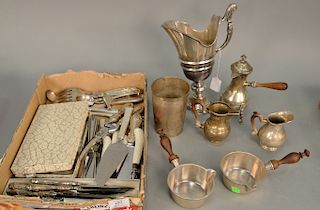 Large grouping to include three silver pieces marked Mergulhao Titulo, one hand hammered, and a silver pitcher on stand (slightly tilted), along with 