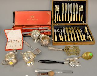 Group of sterling and flatware to include sterling creamer and sugars, small tray, sterling handle pieces, and a fish set in oak box...