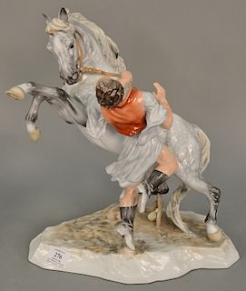 Large Herend porcelain figural group, Bay Stallion horse with tamer, marked Herend Dana Shore Hungary 2009, ht. 15 1/2 in., lg. 14 in.