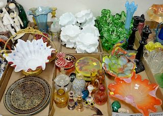 Six tray lots of art glass to include Victorian flower basket, Venetian glass, vases, covered box, Murano fish bowl, set of six gree...