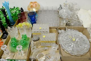Six tray lots of crystal and glass to include carnival glass vase, depression glass green candlesticks, Val St. Lambert candlesticks...