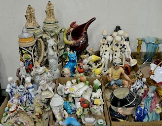 Six box lots of porcelain and china to include two large German steins with dragon handles, porcelain figures, Royal Doulton mug, an...