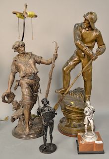 Four figural sculptures including After Robert Tait McKenzie "The Boy Scout" silvered metal figural sculpture, bronze figure of a st...