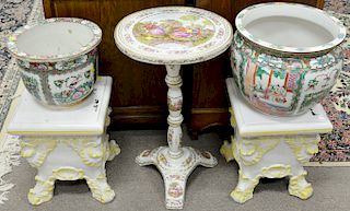 Five large porcelain and ceramic pieces to include two rose famille pots, German porcelain table ht. 26 in. (repaired base) and a pa...