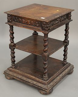 Oak three tier stand with drawer. ht. 31 in., top: 22" x 22" Provenance: From an estate in Lloyd Harbor, Long Island, New York
