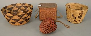 Four piece Indian lot including three baskets, one birch bark covered container signed ht. 5 in., top: 6" x 7 1/4"
