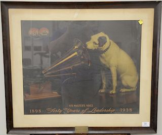 Nipper, His Master's Voice, RCA, 1898...forty years of leadership...1938, original lithograph print, plaque stating "Presented to Br...