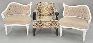 Three piece lot including a pair of shaped chairs and leopard style upholstered chair.