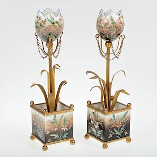 Pair Napoleon III bronze mounted tulip garnitures