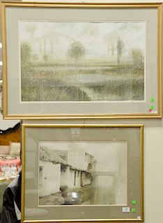 Two framed watercolors on paper including Canal in the Fog (14 1/2" x 20") signed illegibly lower right and Morning Marsh (18 1/4" x...