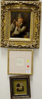 Four framed pieces: oil on board W. Perry portrait of a man Dutch interior; pencil sketch of two busts signed lower left illegibly; ...