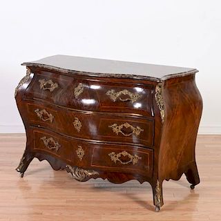 Louis XV parquetry marble top bombe commode
