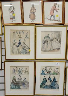 Group of nineteen framed lithographs and prints to include costumes Anglais, three Ladies Gazette of Fashion, La Mode Illustree, set...