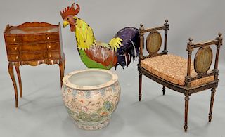 Four piece lot to include metal rooster (ht. 39 in.), Louis XVI caned window seat (lg. 26 1/2 in.), three drawer stand, and a fish b...
