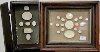 Collection of twenty-two white plaster Grand Tour Intaglios in shadow box frame and painted green book box. 12" x 14" framed Provena...