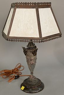Lamp with lithophane panel shade, six sided. ht. 17 in., dia. 11 1/2 in.
