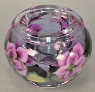 Daniel Lotton art glass vase, purple flowers and green leaves rose bowl signed and dated on bottom Daniel Lotton 2006. ht. 5 in.