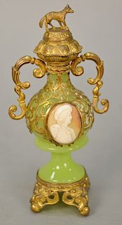 French Opaline glass perfume bottle, ormolu mounted with cameo on each side. ht. 7 in.