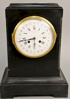 Tiffany & Co. black slate mantel clock having white enameled dial, marked Patent J.L.F., brass works marked: Tiffany & Co. New York....