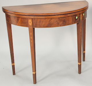 Custom mahogany demilune table with oval inlaid panels, probably late 19th century (does not open). ht. 29 1/2 in., wd. 36 in.